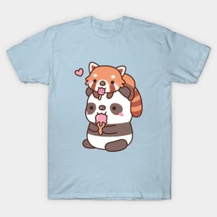 Cute Red Panda And Panda Eating Ice Cream For Summer T-Shirt